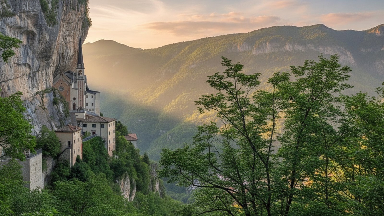 Il Santuario della Madonna della Corona incastonato nella parete rocciosa sopra la valle dell'Adige